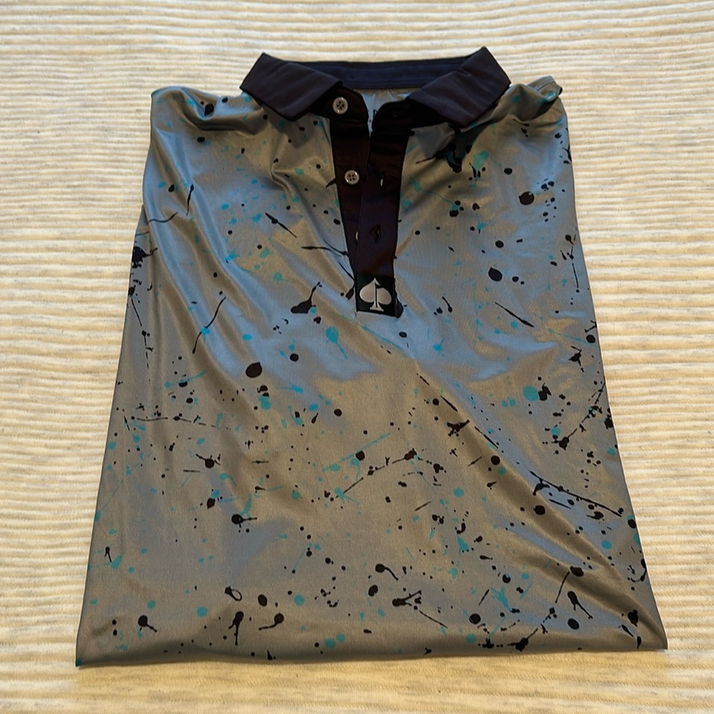 Men’s Pins and Aces polo. 2XL. Metallic gray with paint splatter graphic.